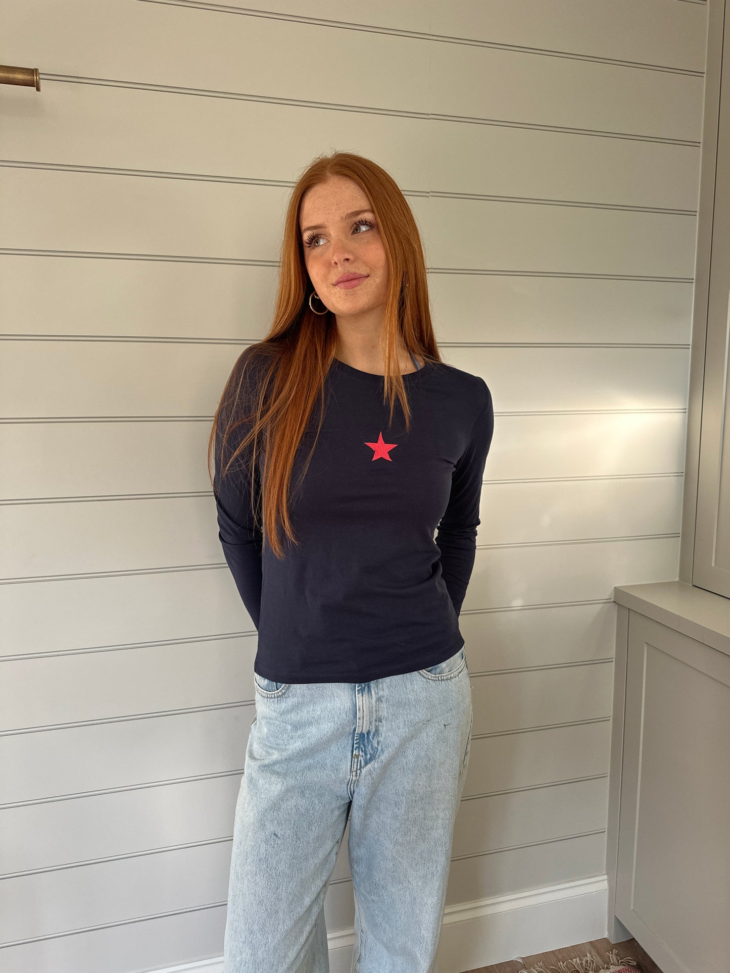 Navy Embroidered Star Long Sleeve Tee