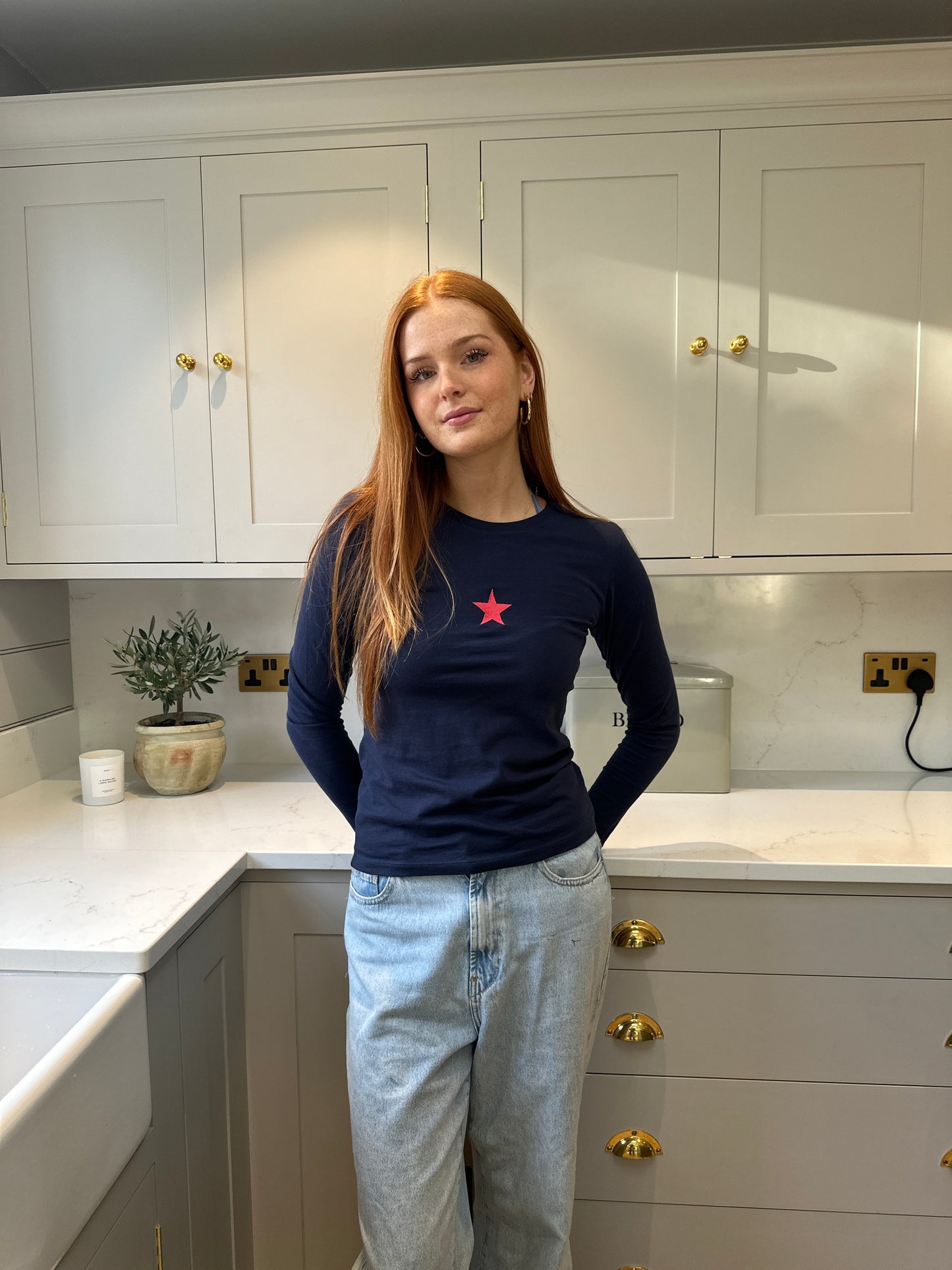 Navy Embroidered Star Long Sleeve Tee