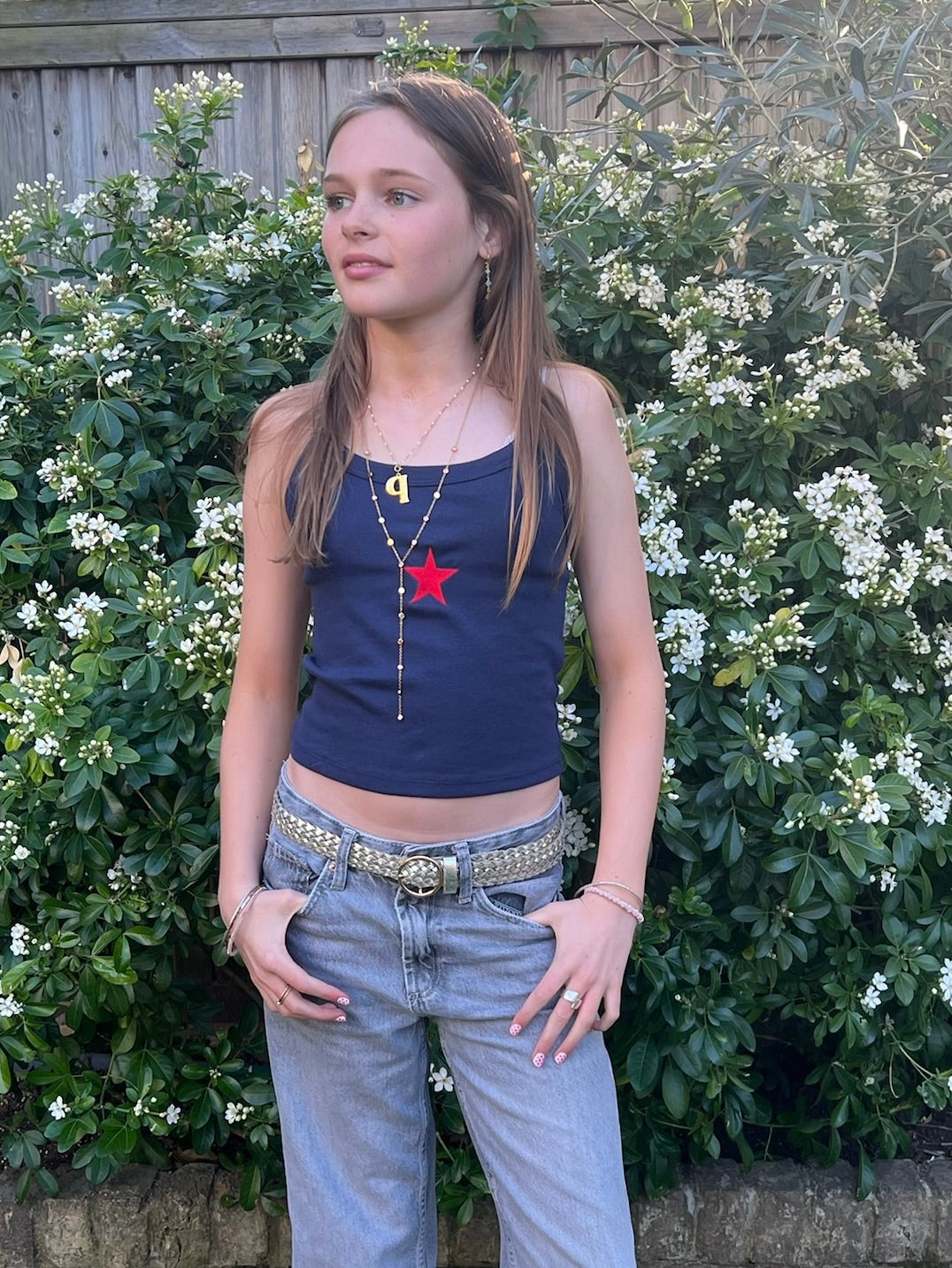 Red Embroidered Star on Navy Tank Top