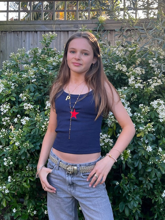 Red Embroidered Star on Navy Tank Top