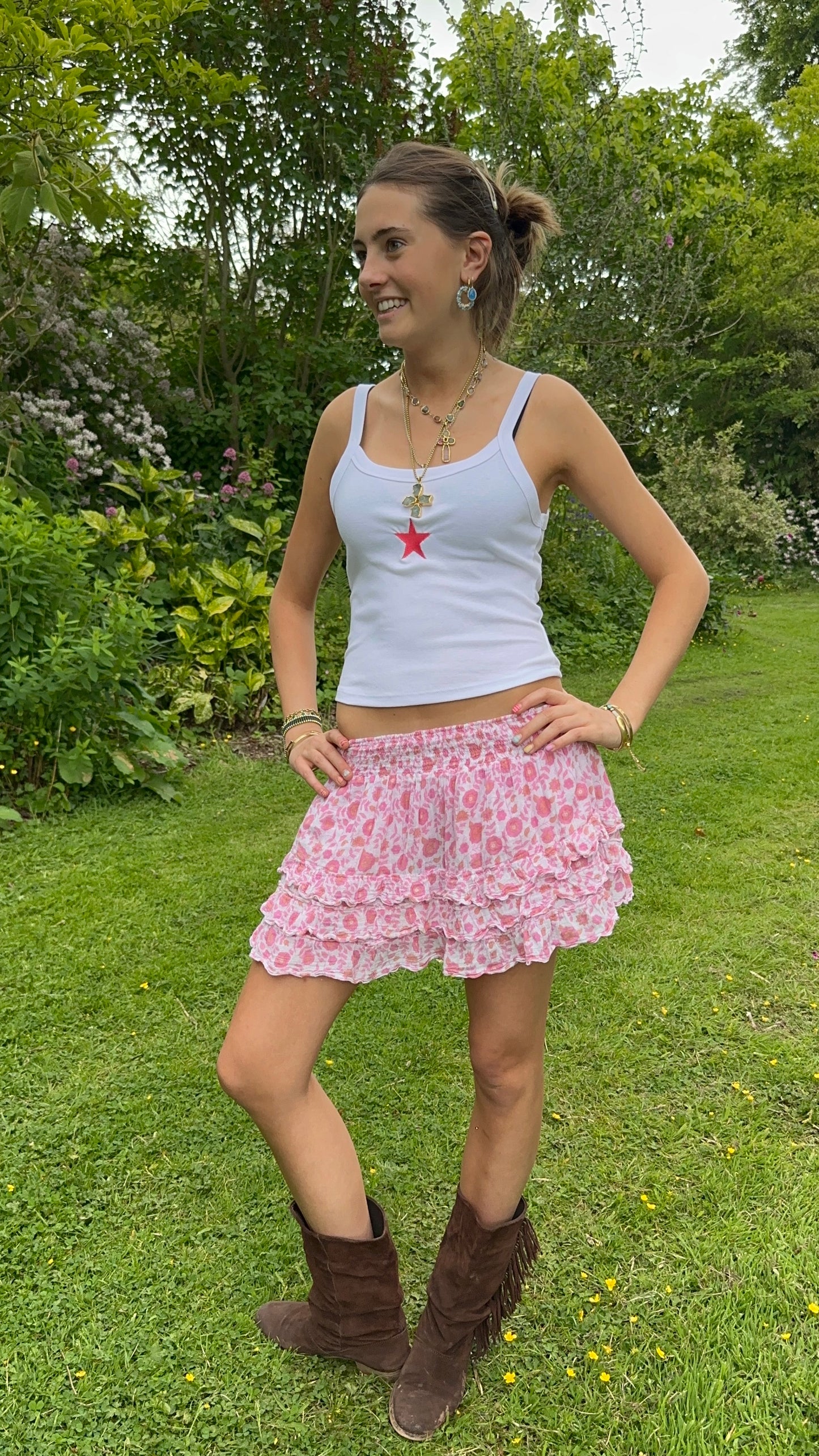 Pink Embroidered Star Tank Top