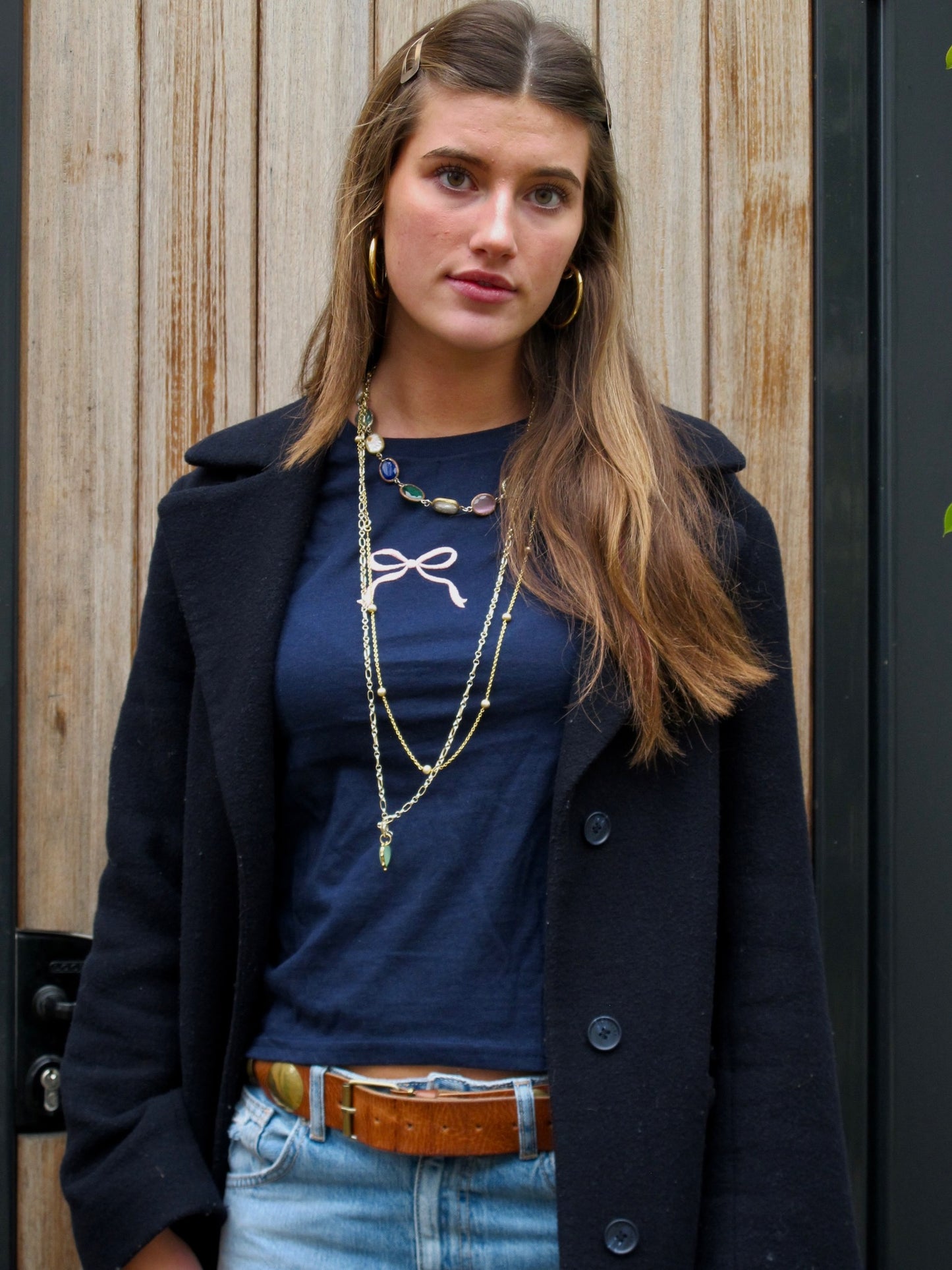 Navy Embroidered Bow Tee