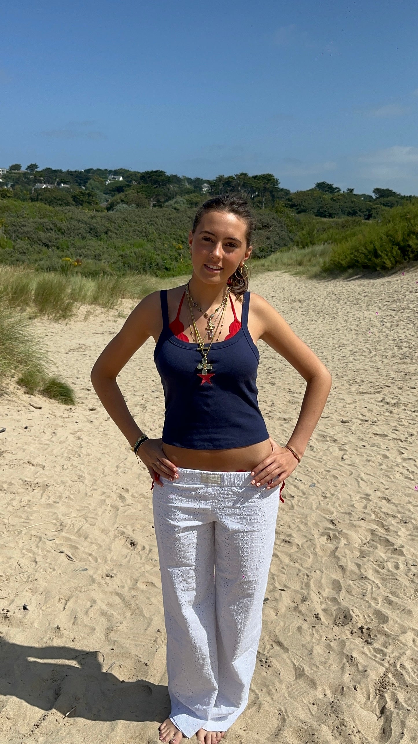 Red Embroidered Star on Navy Tank Top