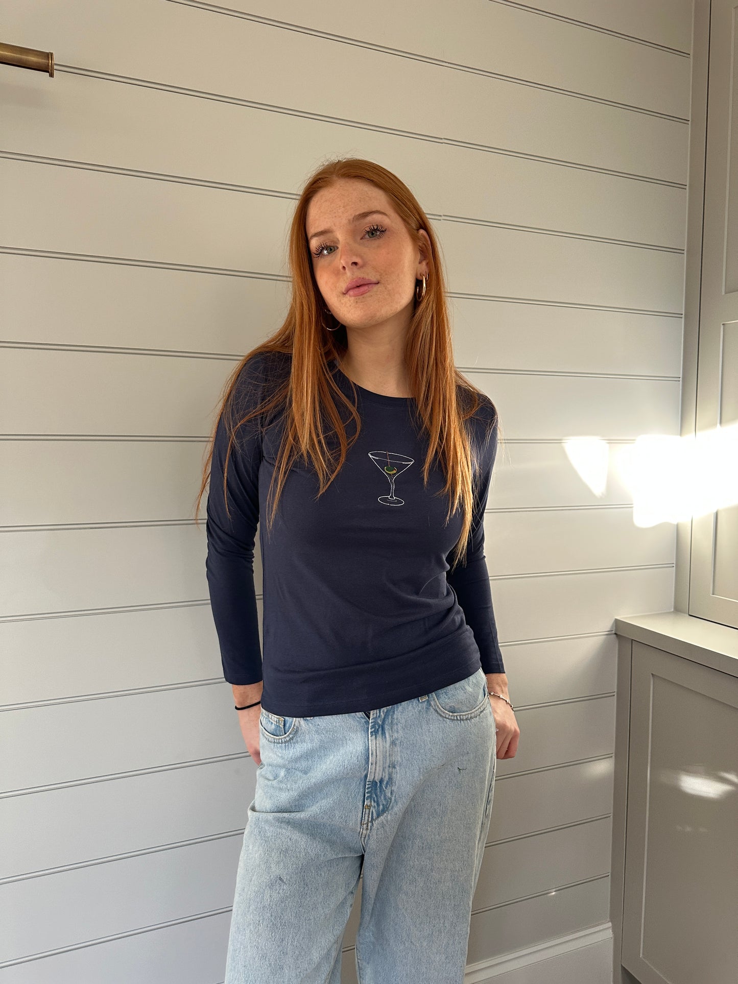 Navy Embroidered Martini Long Sleeve t-shirt