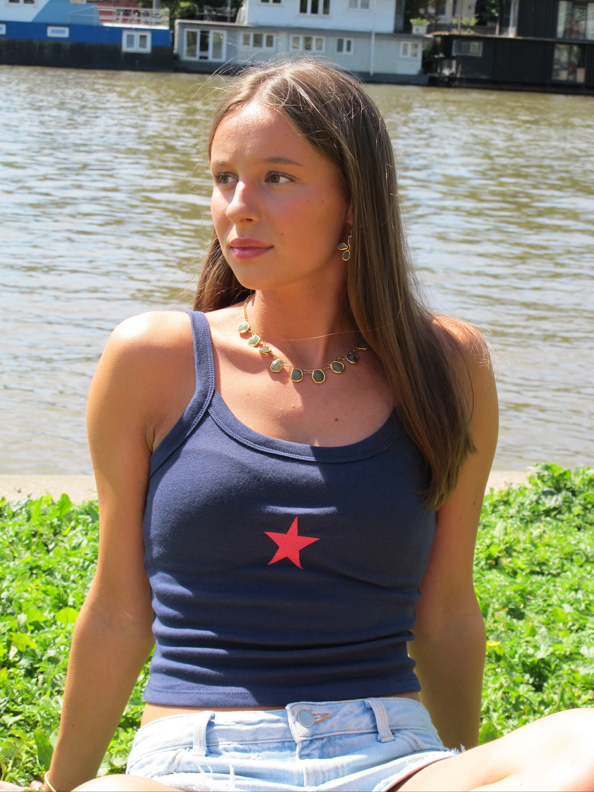 Red Embroidered Star on Navy Tank Top